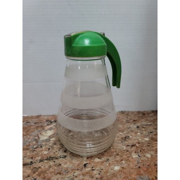 Vintage Hazel Atlas Large Glass Batter Syrup Pitcher Green Handle 9” metal pull